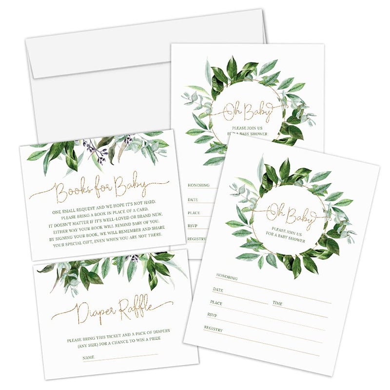Hat Acrobat Set of 25 Floral Boho Baby Shower Invitations for Girl and Boy - Gender Neutral Sage Green Baby Shower Invitations for Boy & Girl, Diaper Raffle Tickets, Book Request Cards with Envelopes - Image 1